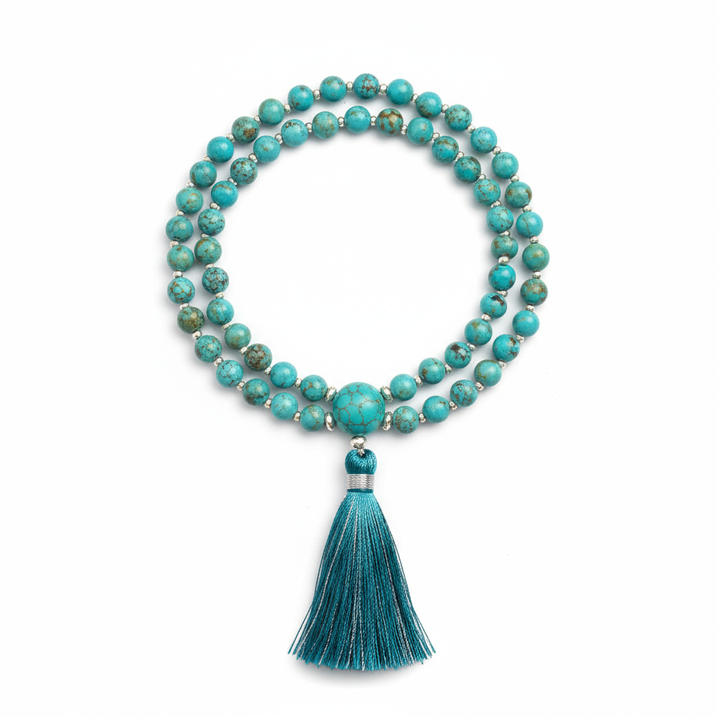 Elegant turquoise mala necklace centered on white background