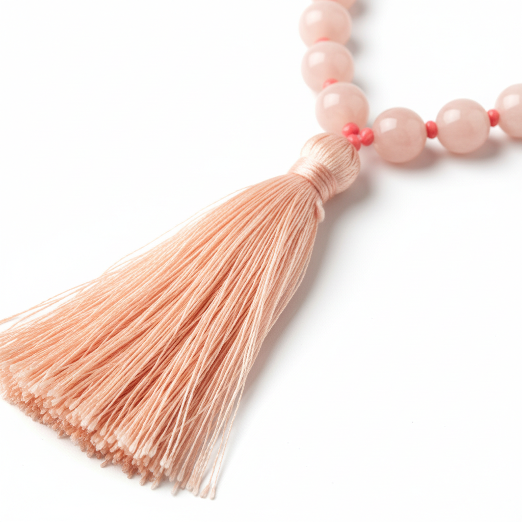 Close-up of soft peach tassel on coral pink mala necklace