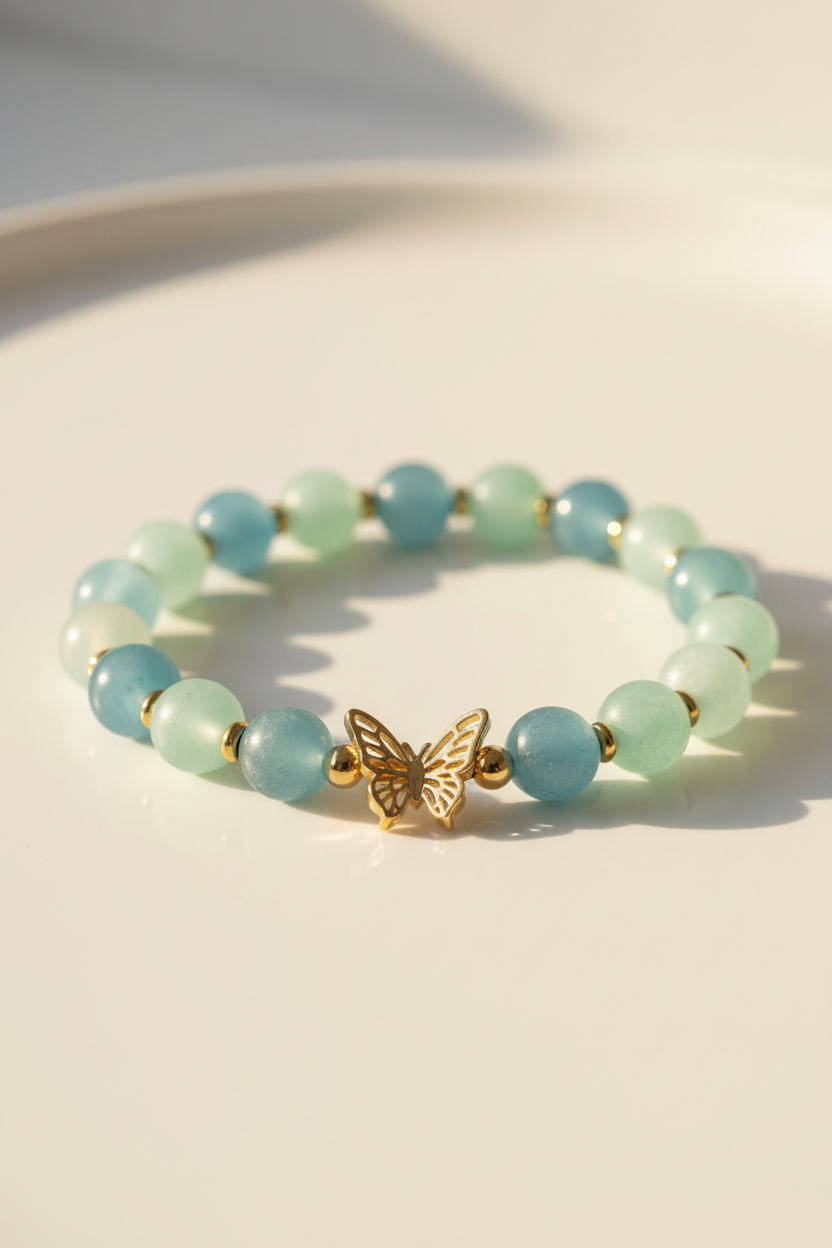 Luxury feminine bead bracelet with pastel aquamarine and mint green beads, side angle view