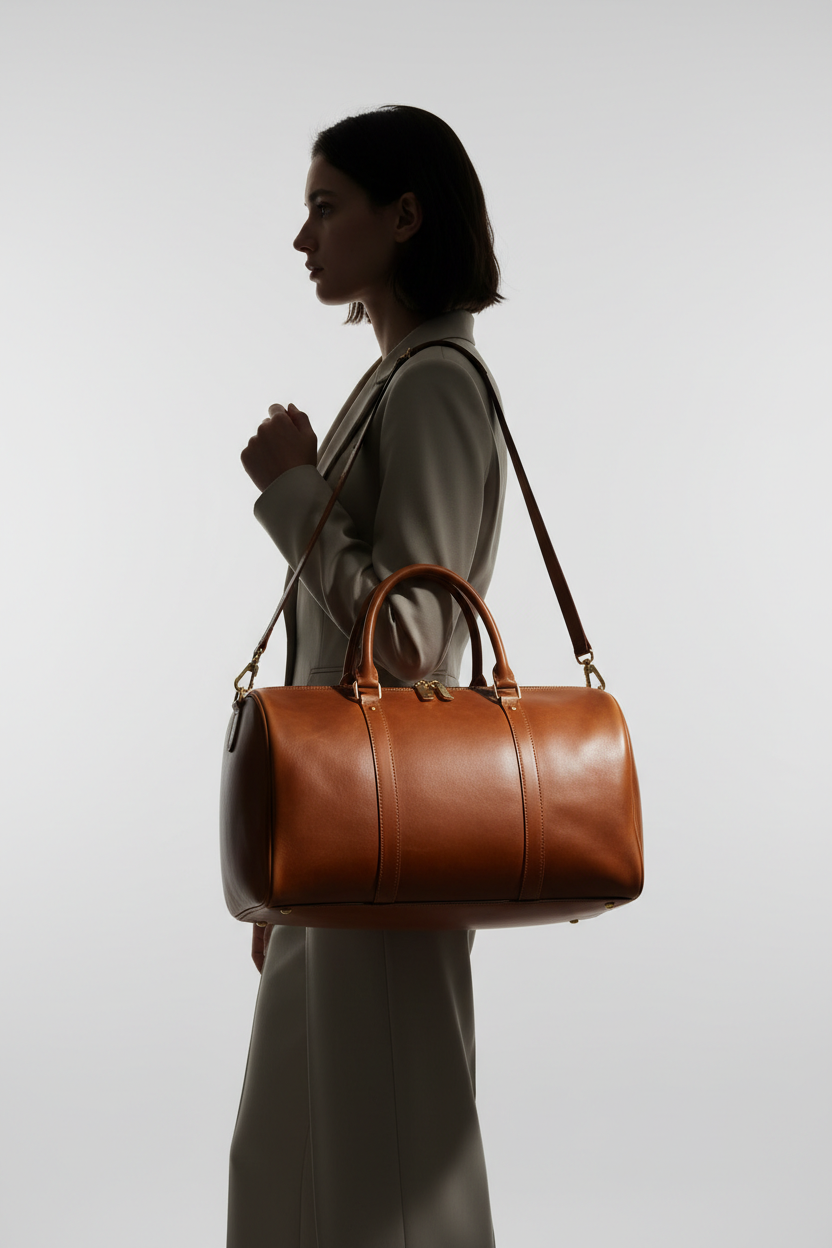 Le Compact Weekender in Brown, portrait lifestyle travel model image