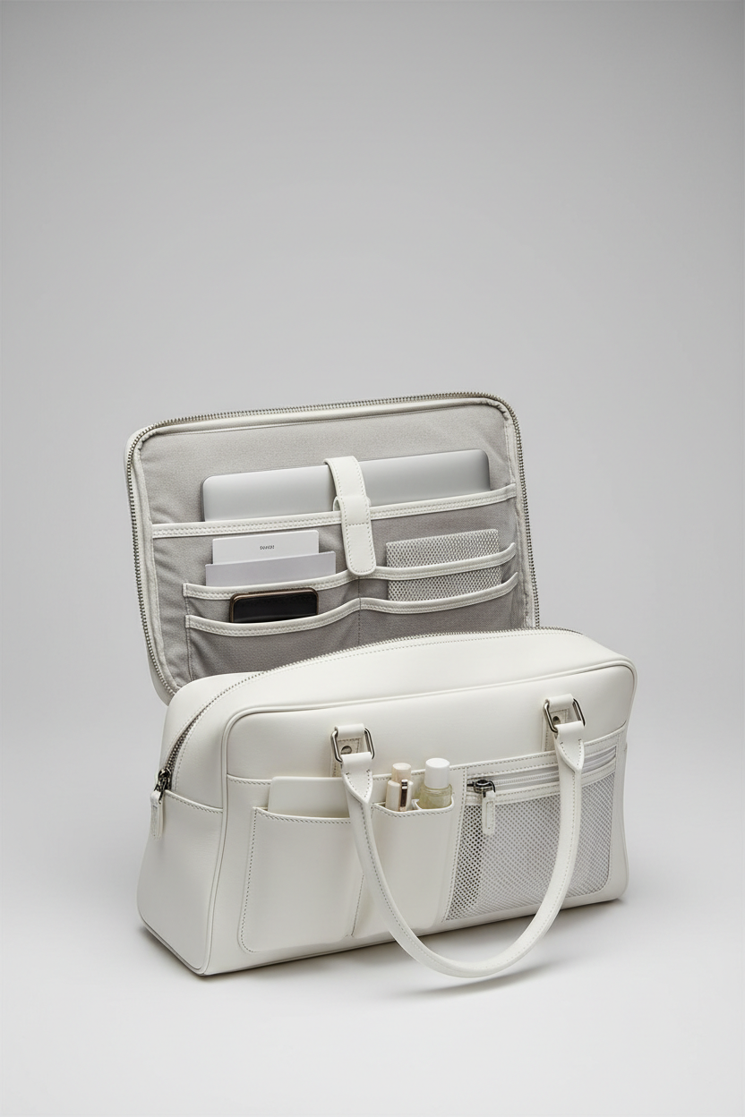 Executive Carry Weekender in White Refined Smooth Leather – open interior compartment