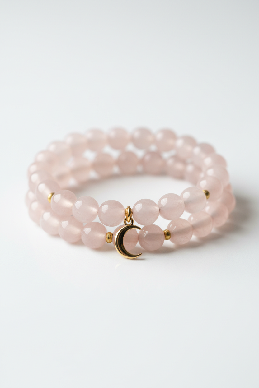 Luxury feminine spiritual bracelet with rose quartz beads and gold crescent moon charm, side angle
