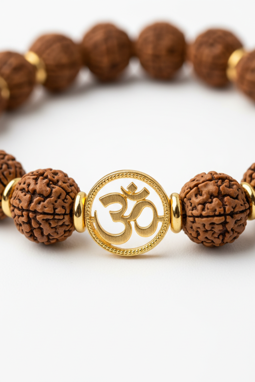 Macro close-up of Rudra Stone Bracelet natural bead texture and gold charm craftsmanship