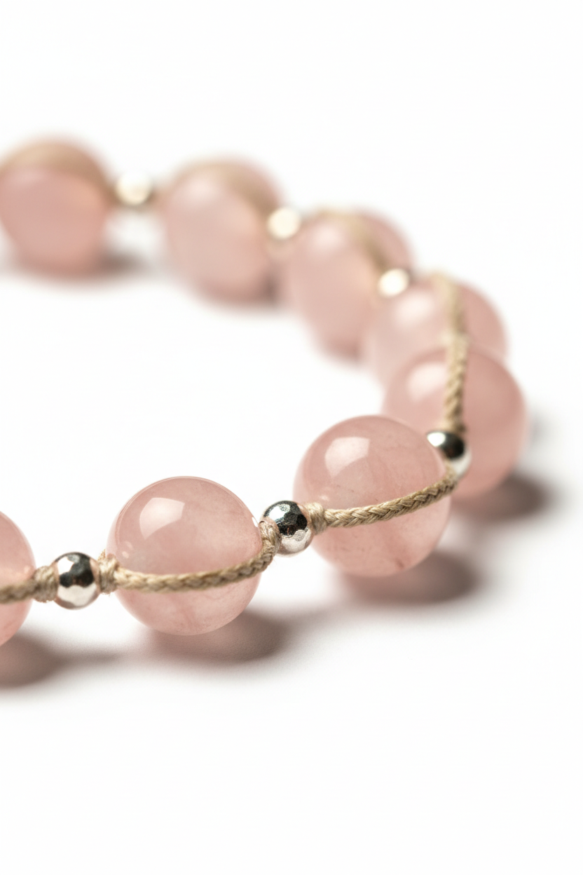 Macro close-up of Le Serenity Mala gemstone bead texture and cord craftsmanship