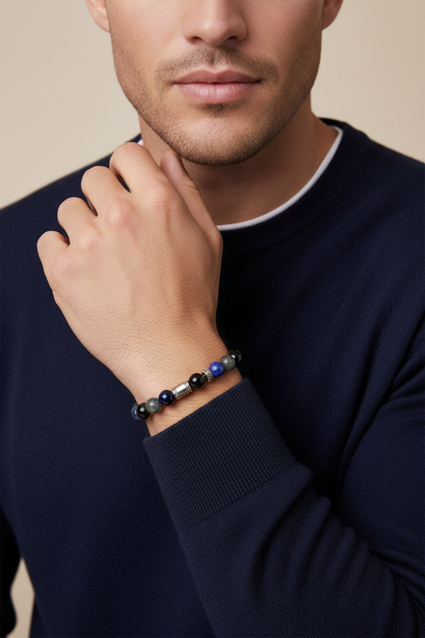 Male model wearing Aura Bead Bracelet natural dark gemstone bead bracelet on wrist