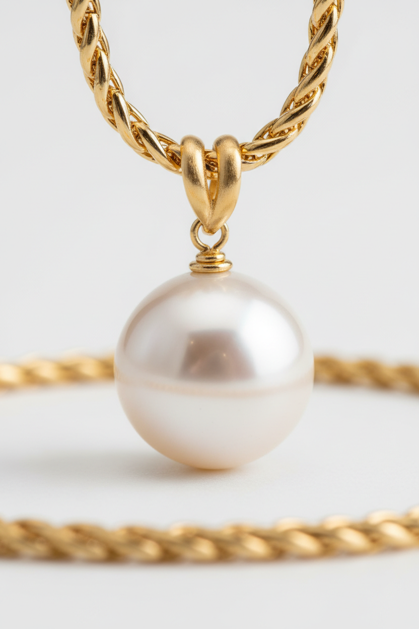 Macro detail of Le Pearl pearl pendant and polished gold chain craftsmanship
