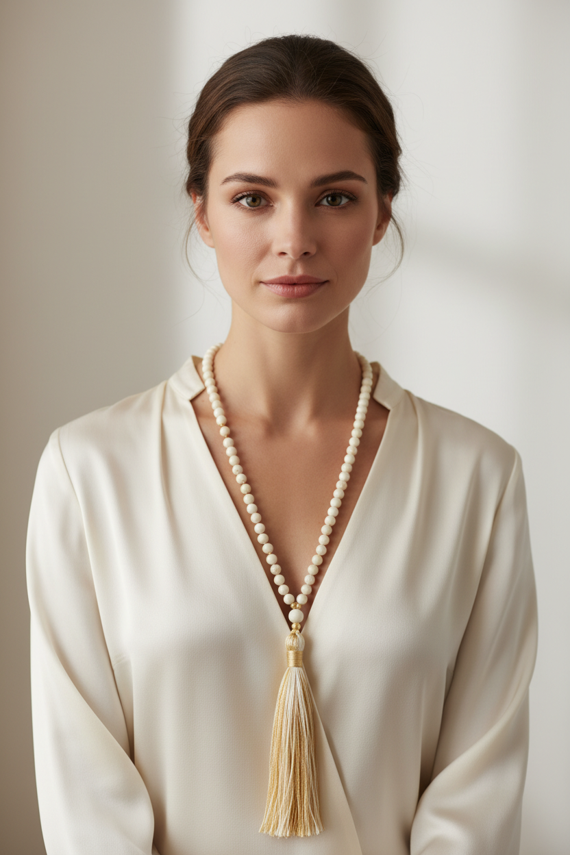 Elegant female model wearing Le Sattva Mala ivory gemstone mala necklace