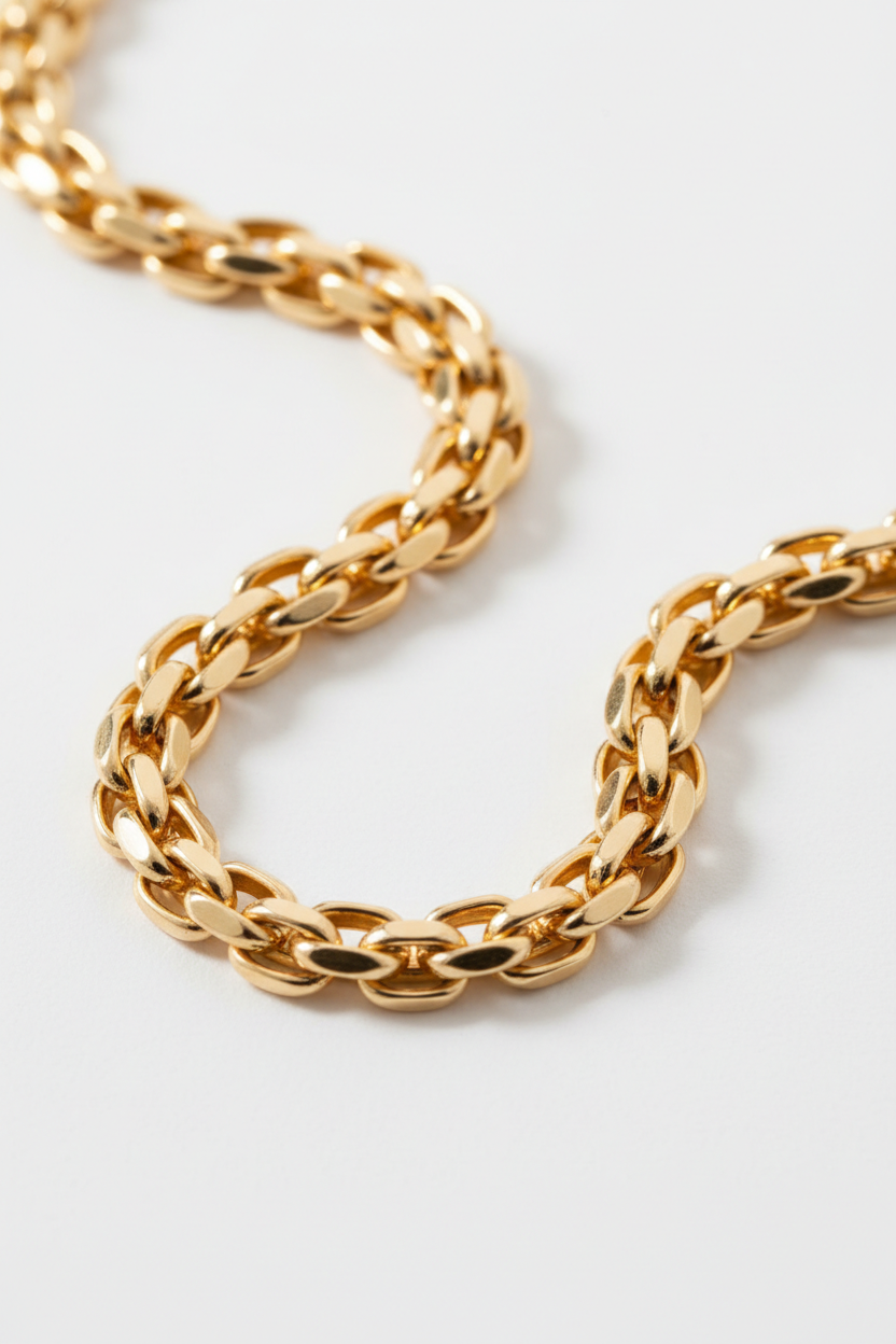 Fine gold chain detail of Le Pearl necklace