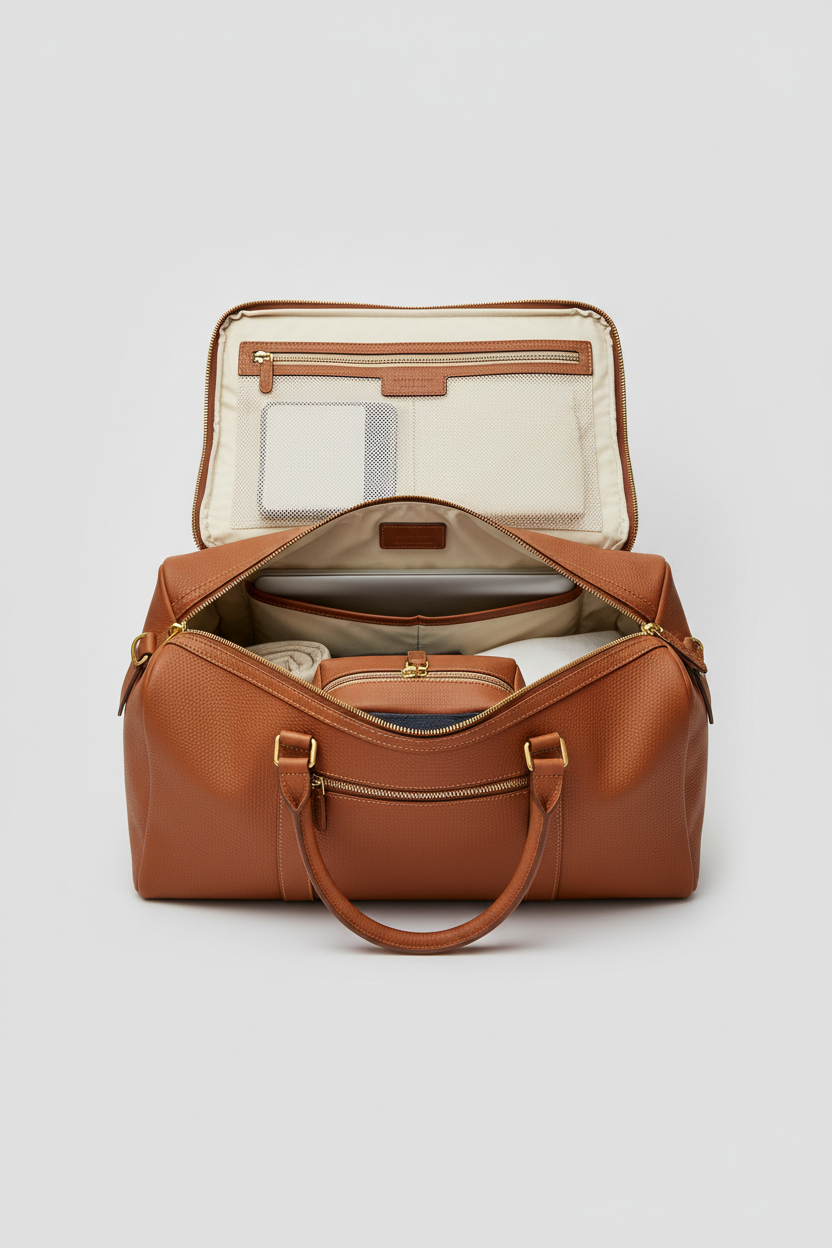Metropolitan Travel Weekender in Brown, portrait open compartment view