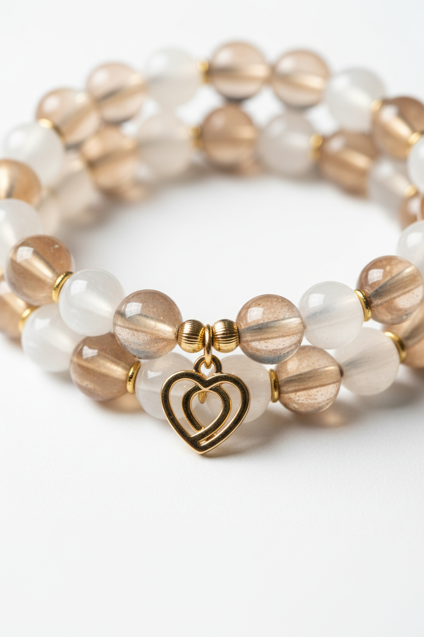 Jewelry macro close-up of Heart Soul Bracelet showing champagne moonstone bead shimmer and gold double heart charm