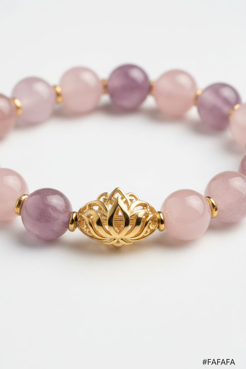 Premium elegant gold charm detail on Harmony Stone Bracelet against rose and mauve gemstone beads