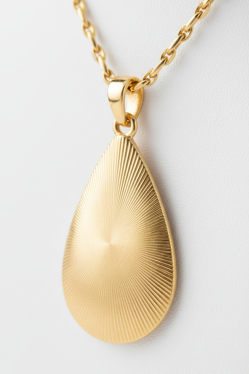 Macro close-up of teardrop gold pendant with sunray engraved lines on Divine Energy Necklace
