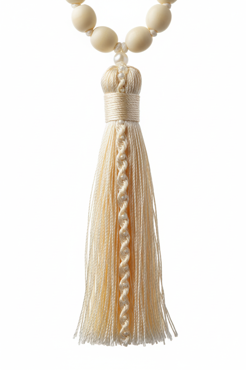 Close-up of Le Divine Mala elegant handcrafted ivory silk tassel