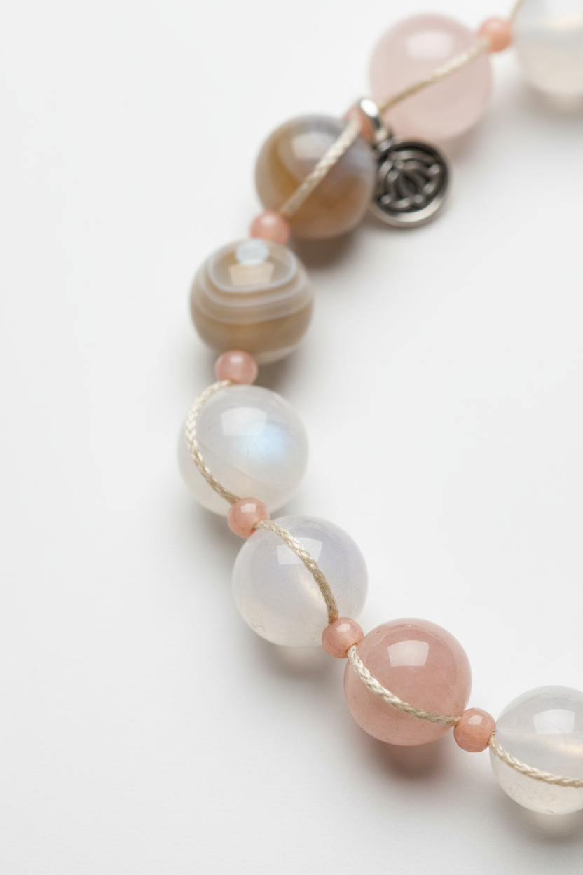 Close-up of natural gemstone beads on Inner Peace Bracelet in soft neutral and blush tones