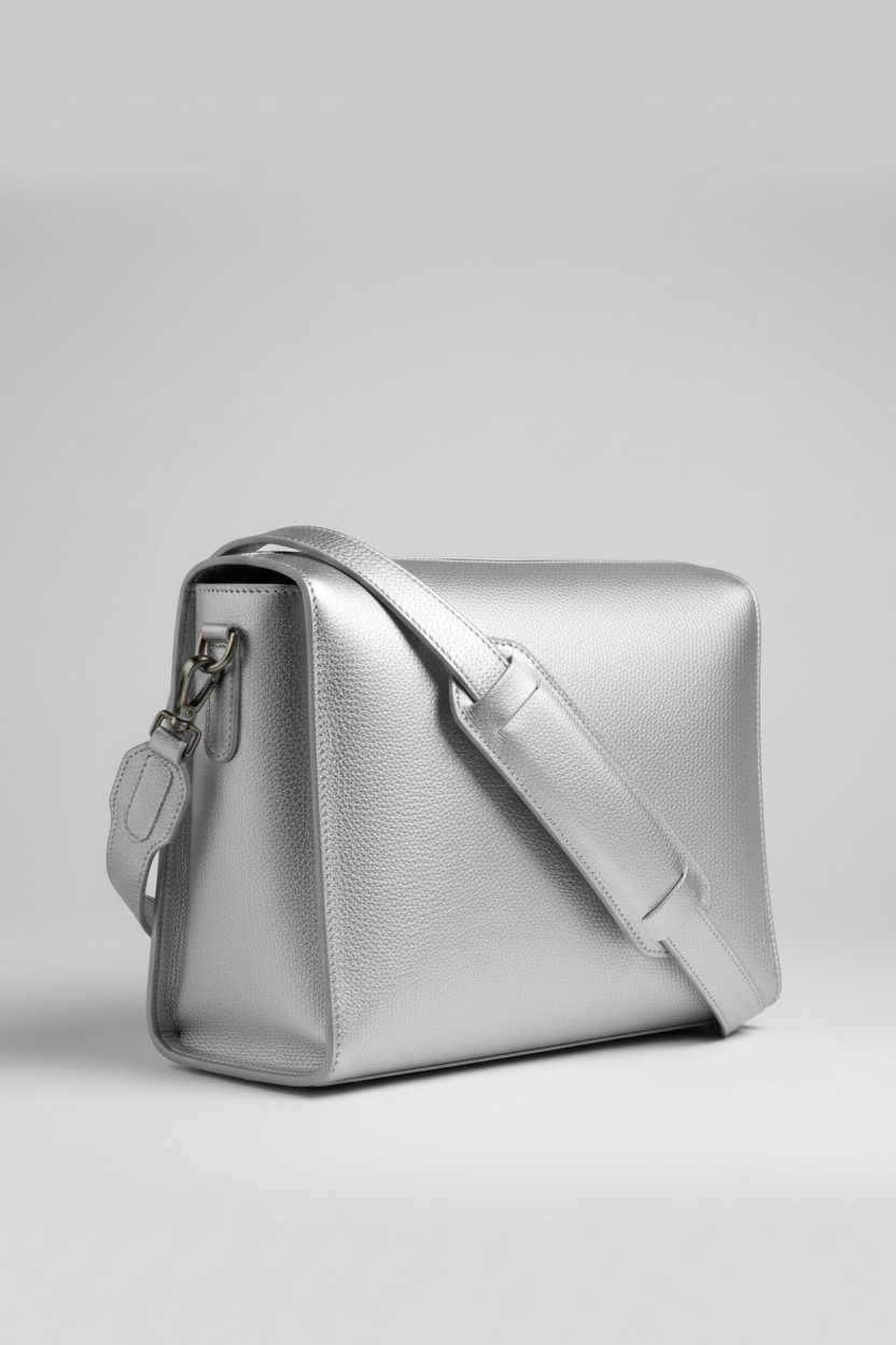 Executive Carry Weekender in Silver Structured Matte Leather – side angle with strap