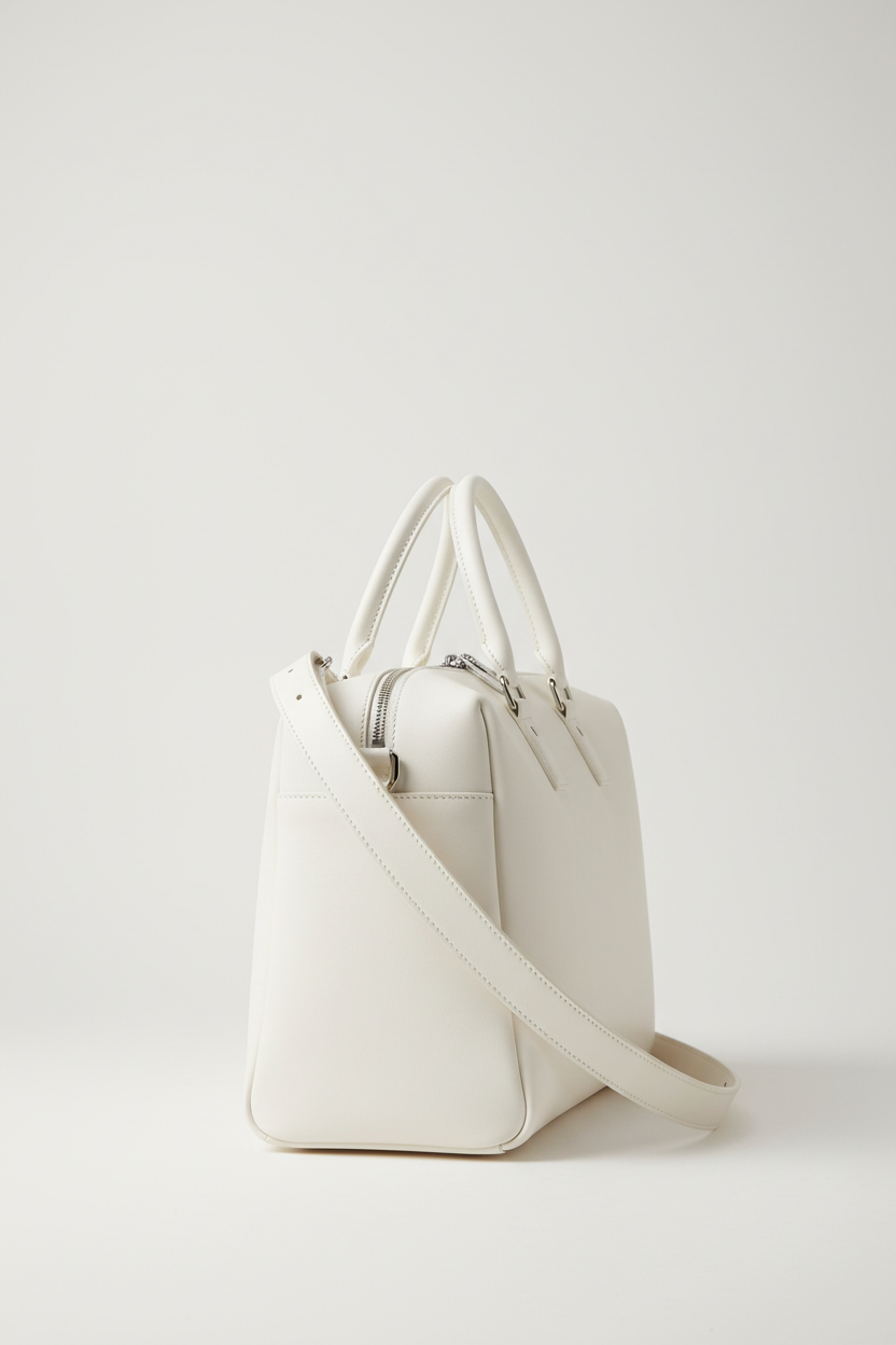 Executive Carry Weekender in White Refined Smooth Leather – side angle with strap
