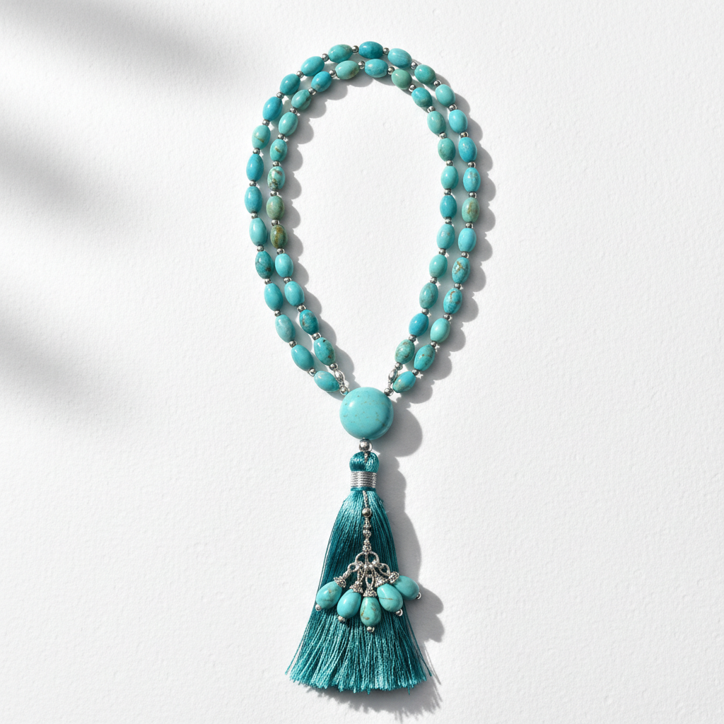 Luxury turquoise mala necklace centered on white background
