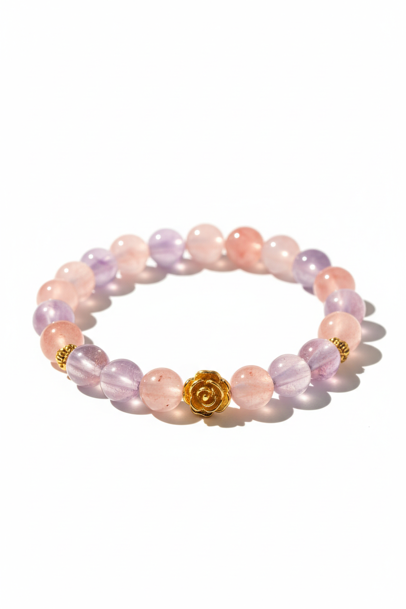 Luxury feminine gemstone bracelet with blush pink strawberry quartz and lavender amethyst beads and gold rose charm, centered on white background