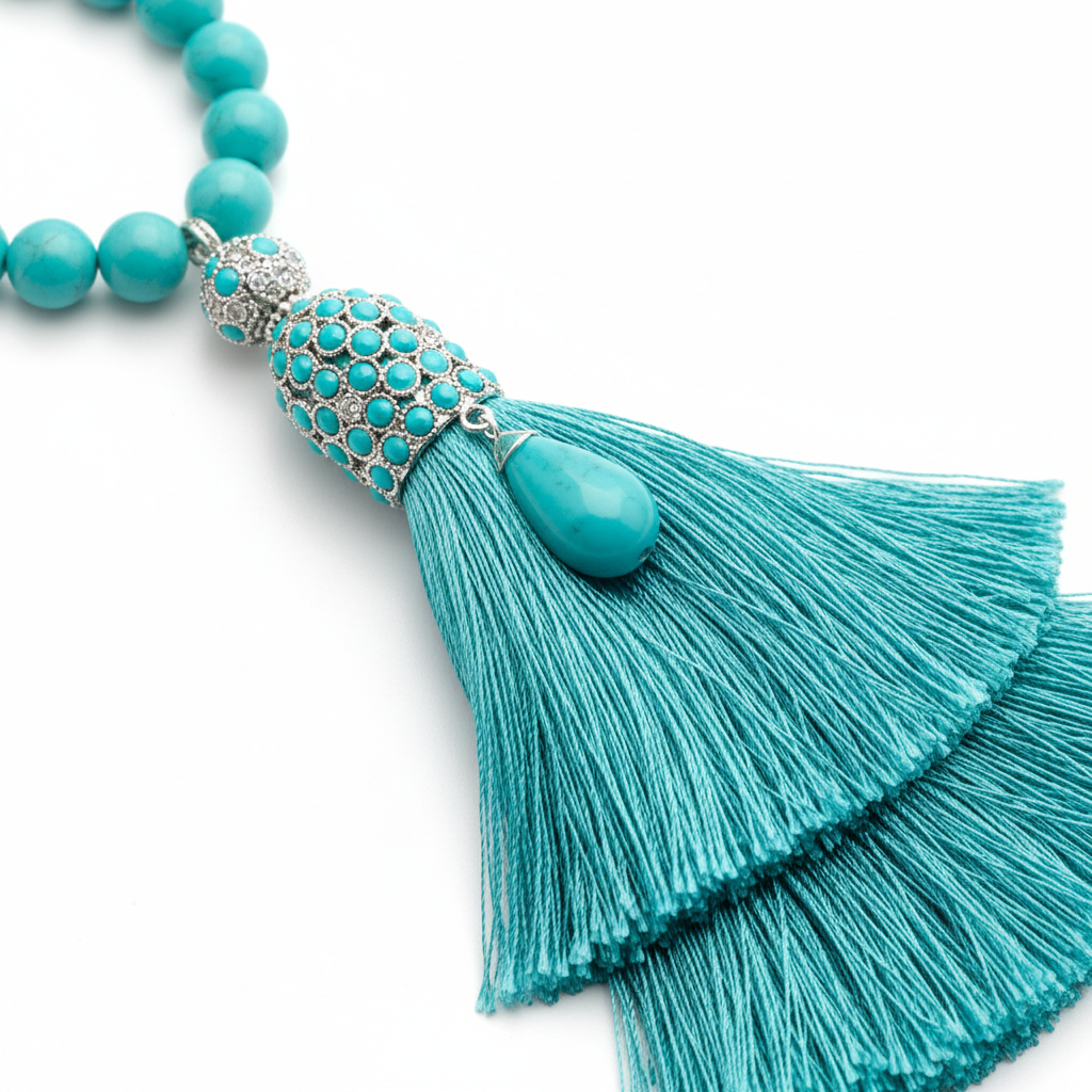 Close-up of elegant tassel on turquoise mala necklace
