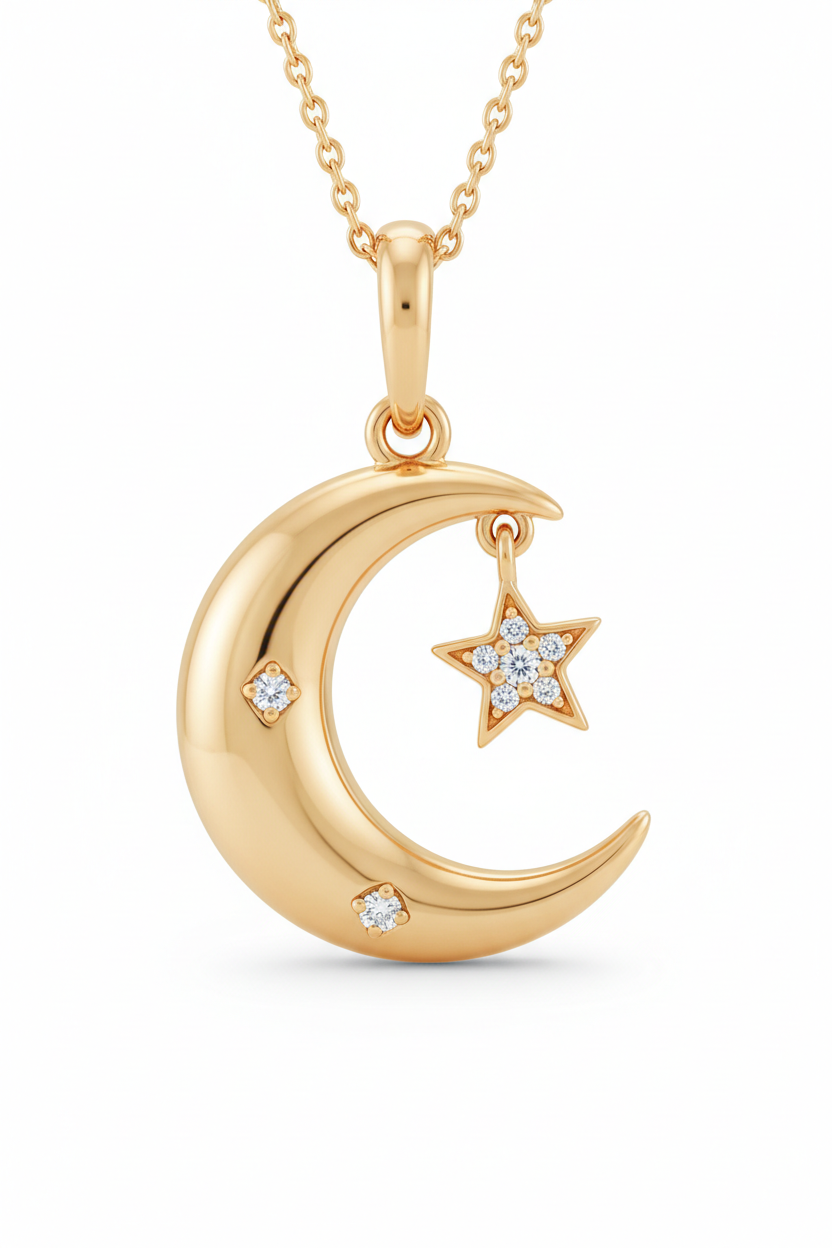 Close-up of Le Mirage minimal celestial gold pendant