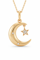 Close-up of Le Mirage minimal celestial gold pendant
