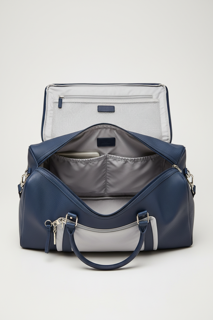 Metropolitan Travel Weekender in Blue, portrait open compartment view