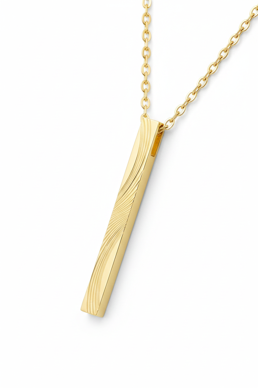 Luxury gold rectangular pendant necklace with engraved texture, diagonal angle view