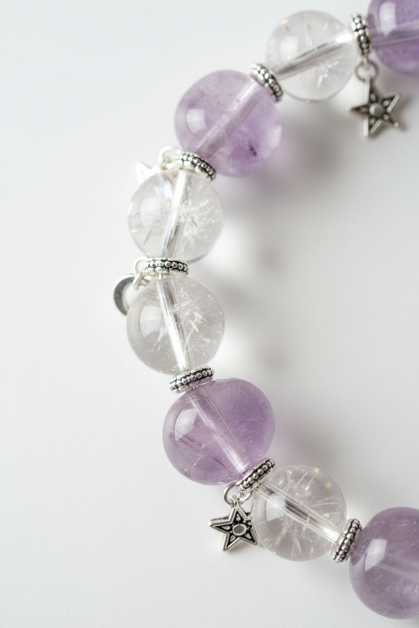 Macro close-up of natural crystal gemstone beads on Pure Energy Bracelet with light refractions