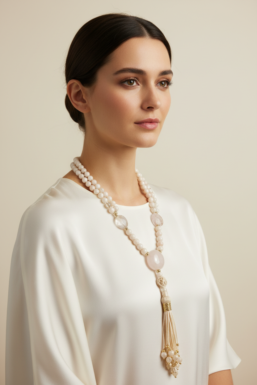 Elegant female model wearing Le Divine Mala ivory gemstone mala necklace