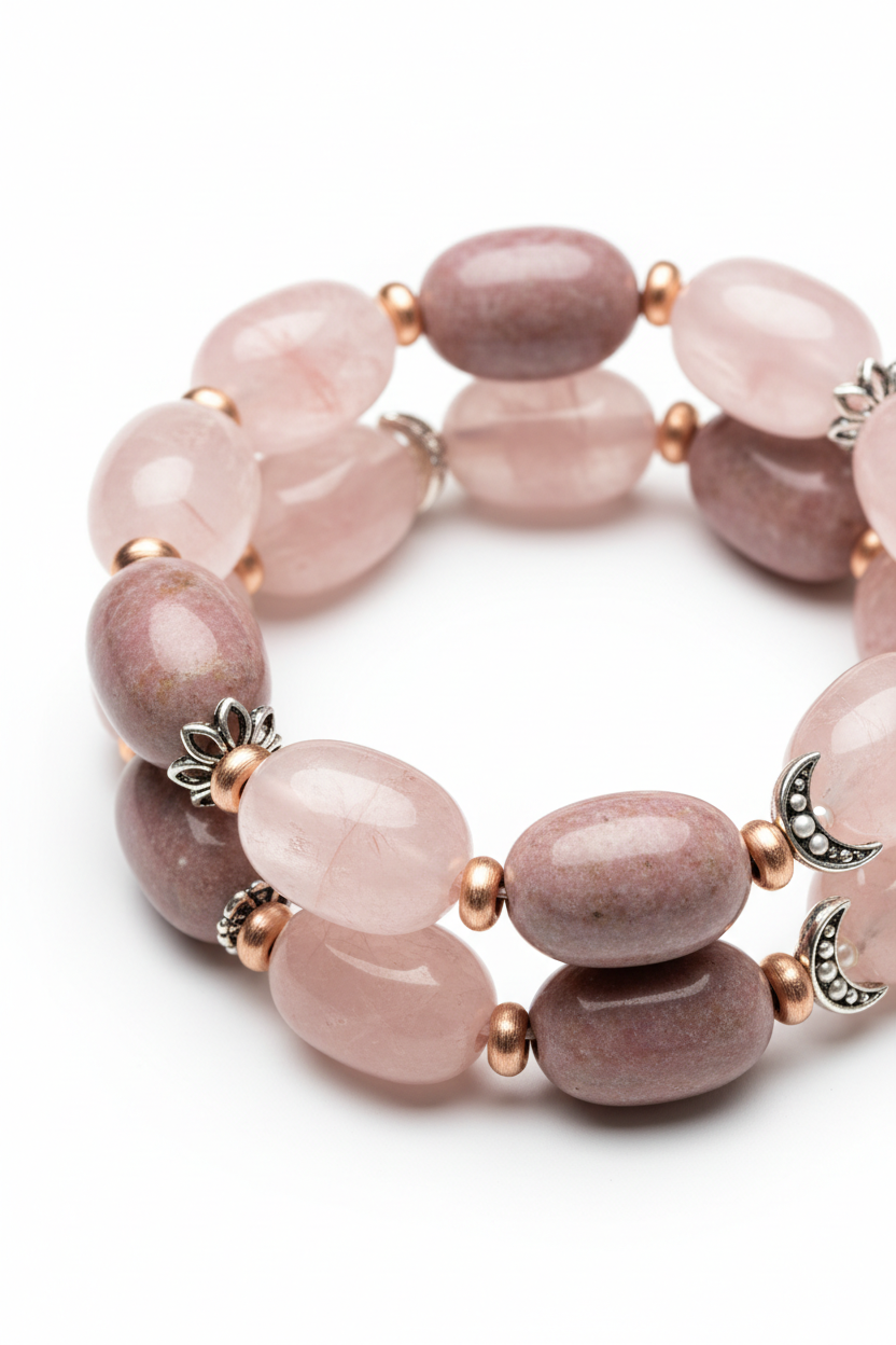 Close-up of premium natural gemstone beads on Harmony Stone Bracelet in soft rose and mauve tones