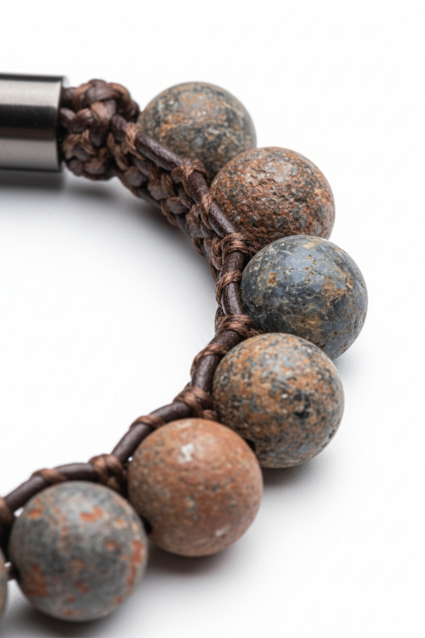 Macro texture shot of Stone Bead Bracelet natural stone bead surface and cord craftsmanship