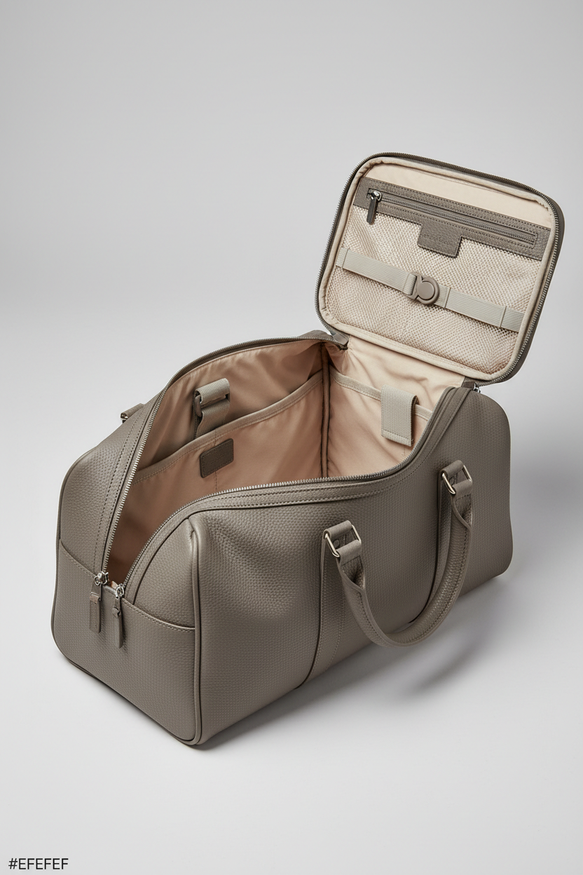 Le Compact Weekender in Gray, portrait open interior compartment view