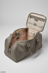 Le Compact Weekender in Gray, portrait open interior compartment view