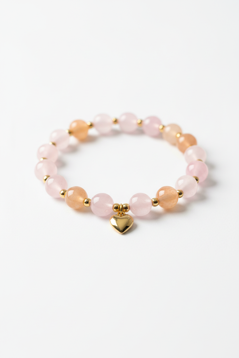 Luxury feminine spiritual bracelet with pastel pink rose quartz and peach aventurine beads, diagonal angle view