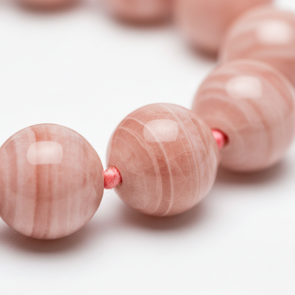 Macro close-up of blush rose gemstone beads on coral pink mala necklace