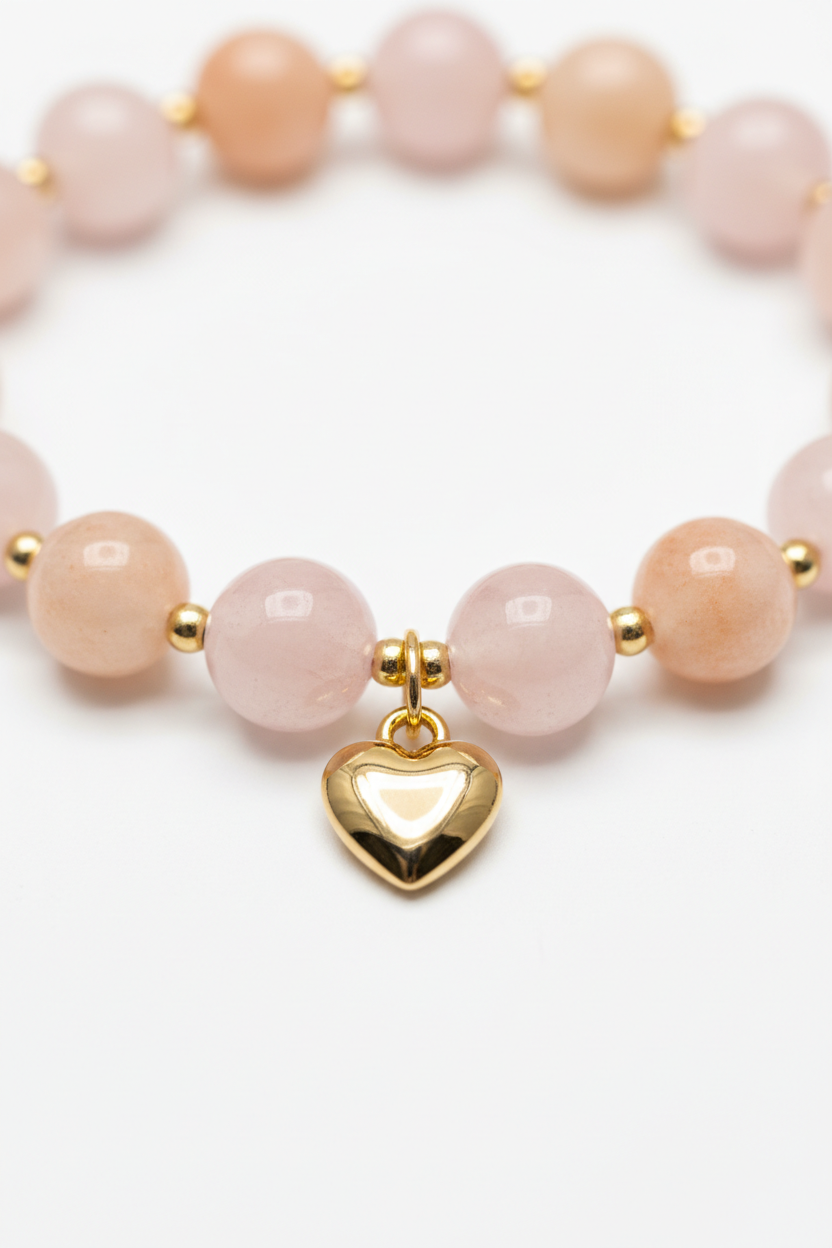 Jewelry macro close-up of Love Energy Bracelet showing pastel bead texture and gold heart charm detail