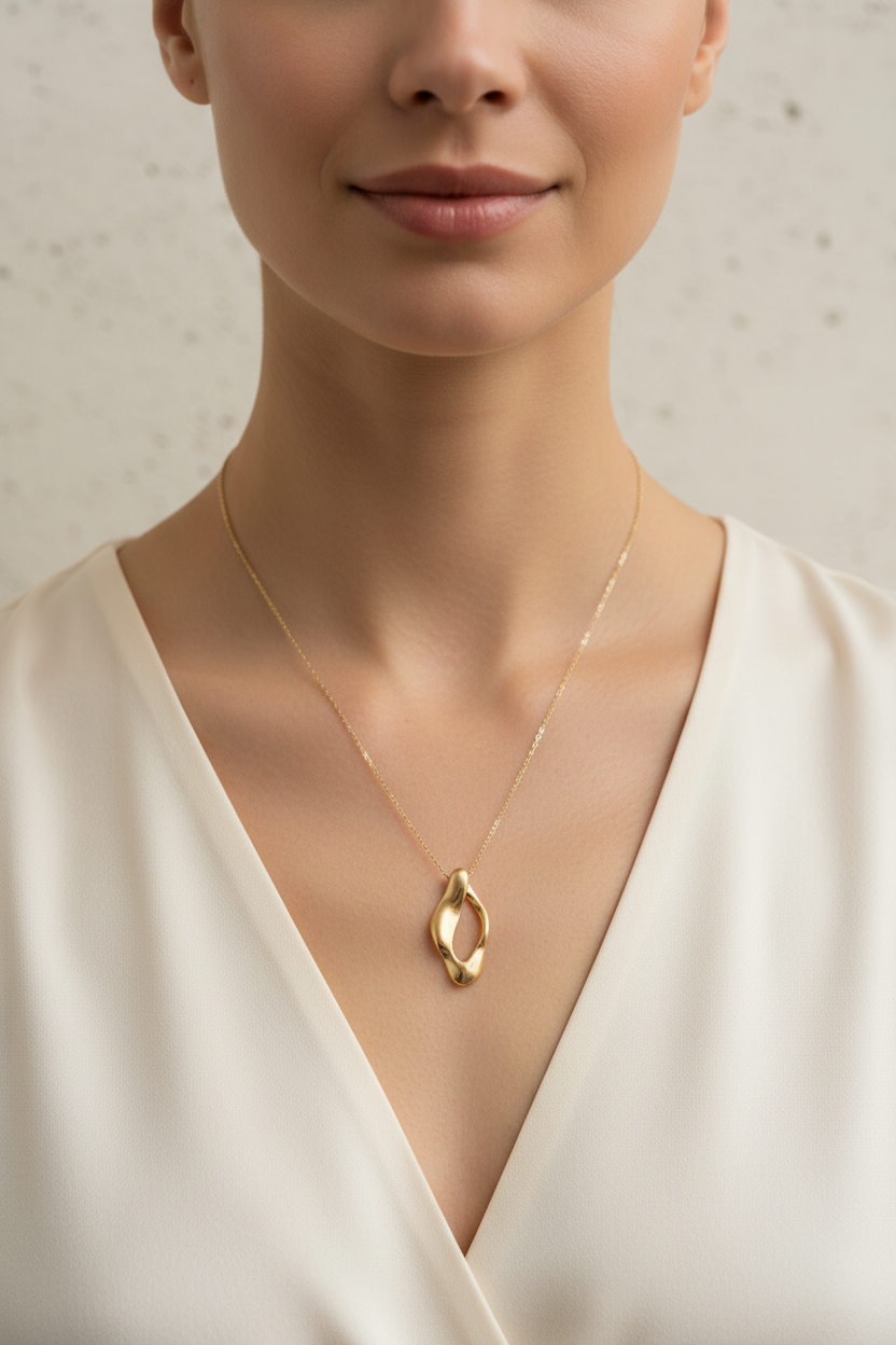 Elegant female model wearing Le Lumière feminine gold pendant necklace