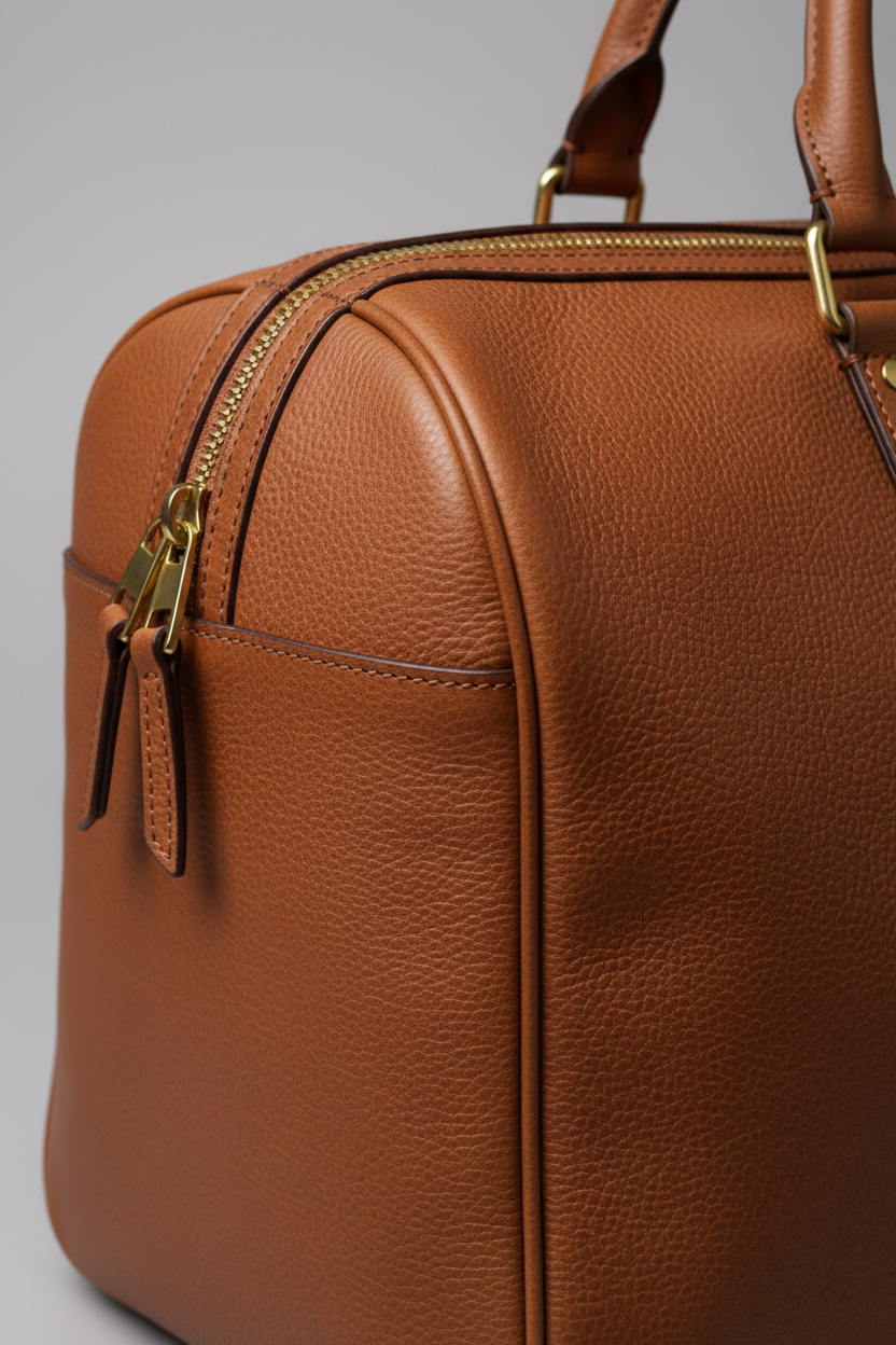 Metropolitan Travel Weekender in Brown, portrait leather and zipper macro close-up