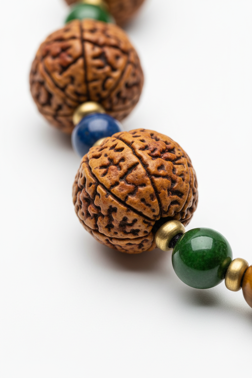 Macro close-up of natural rudraksha beads on Zen Mala Necklace showing detailed surface texture