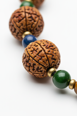 Macro close-up of natural rudraksha beads on Zen Mala Necklace showing detailed surface texture