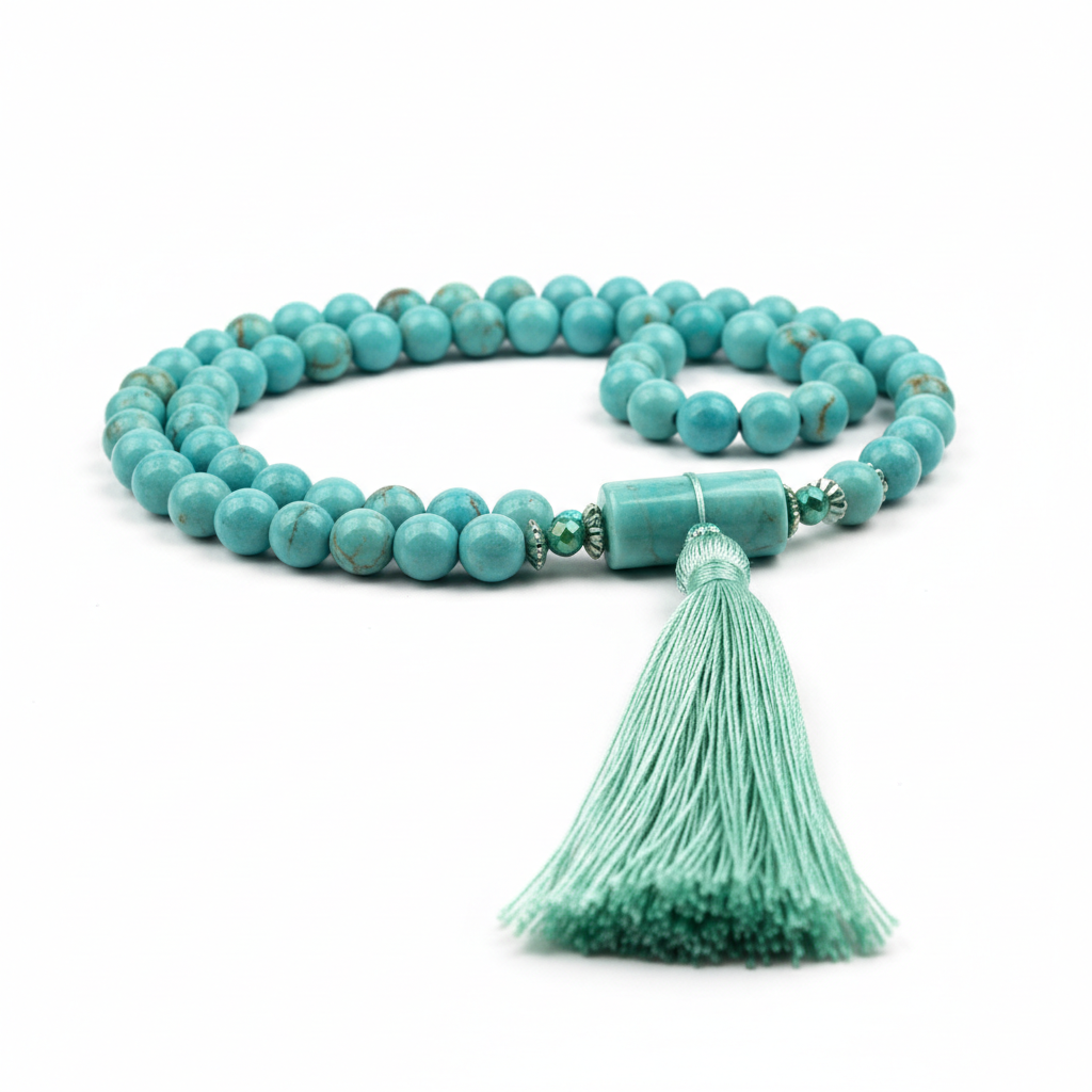Luxury aqua blue turquoise mala necklace side angle view