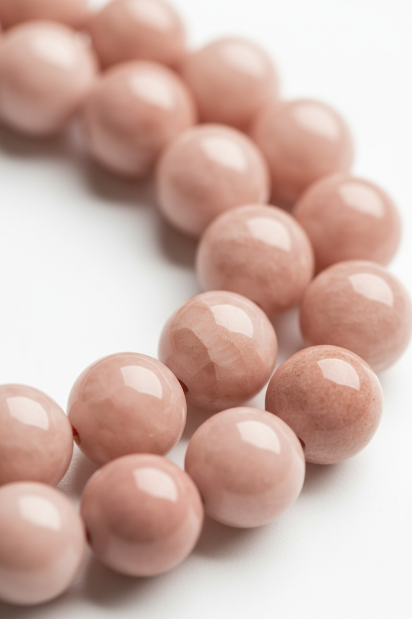 Premium rose pink gemstone beads detail of Le Rosé Mala necklace