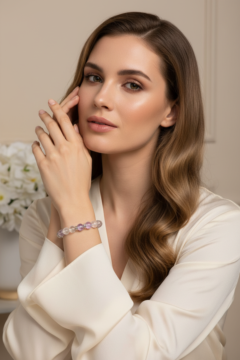 Elegant female model wearing Pure Energy Bracelet crystal gemstone bead bracelet on wrist