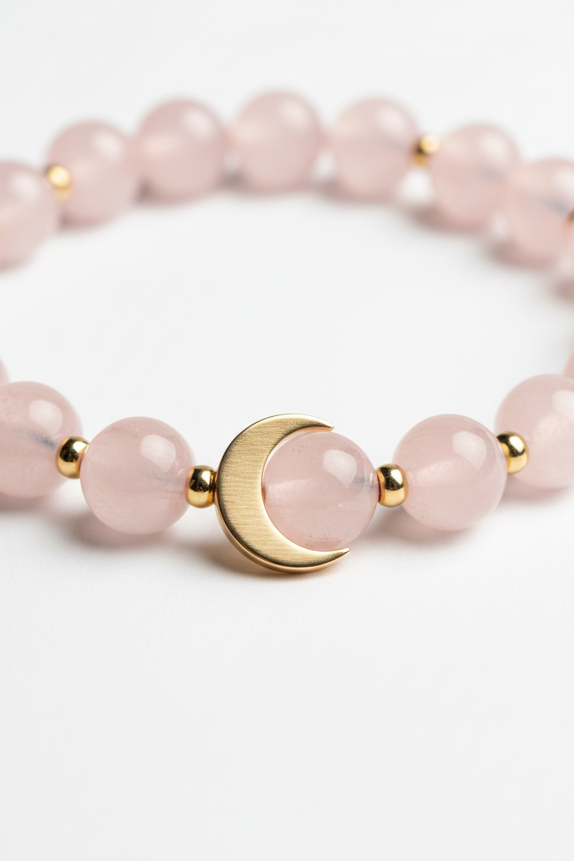 Jewelry macro close-up of Calm Soul Bracelet showing rose quartz bead texture and gold charm