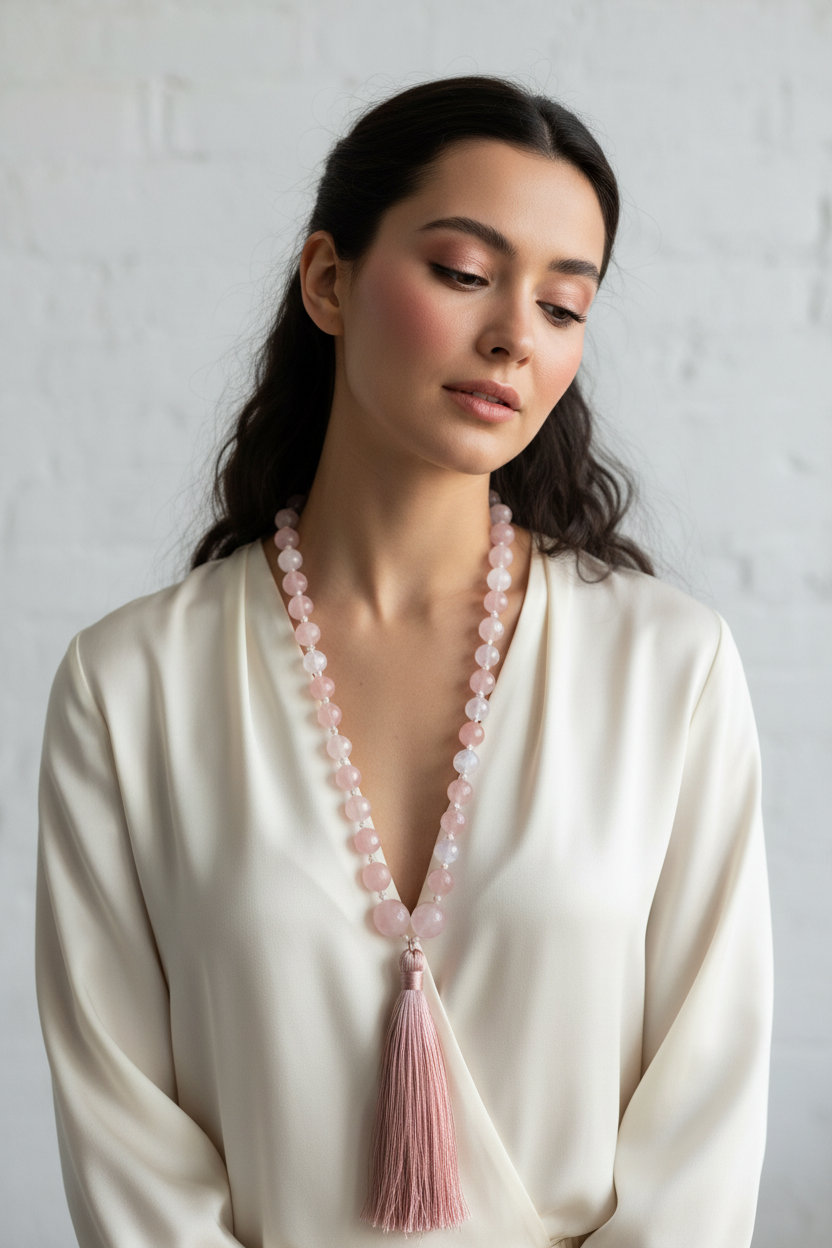 Elegant female model wearing Le Rosé Mala rose pink gemstone mala necklace