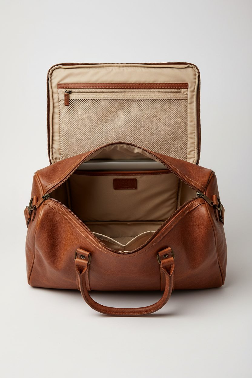 Le Compact Weekender in Brown, portrait open interior compartment view
