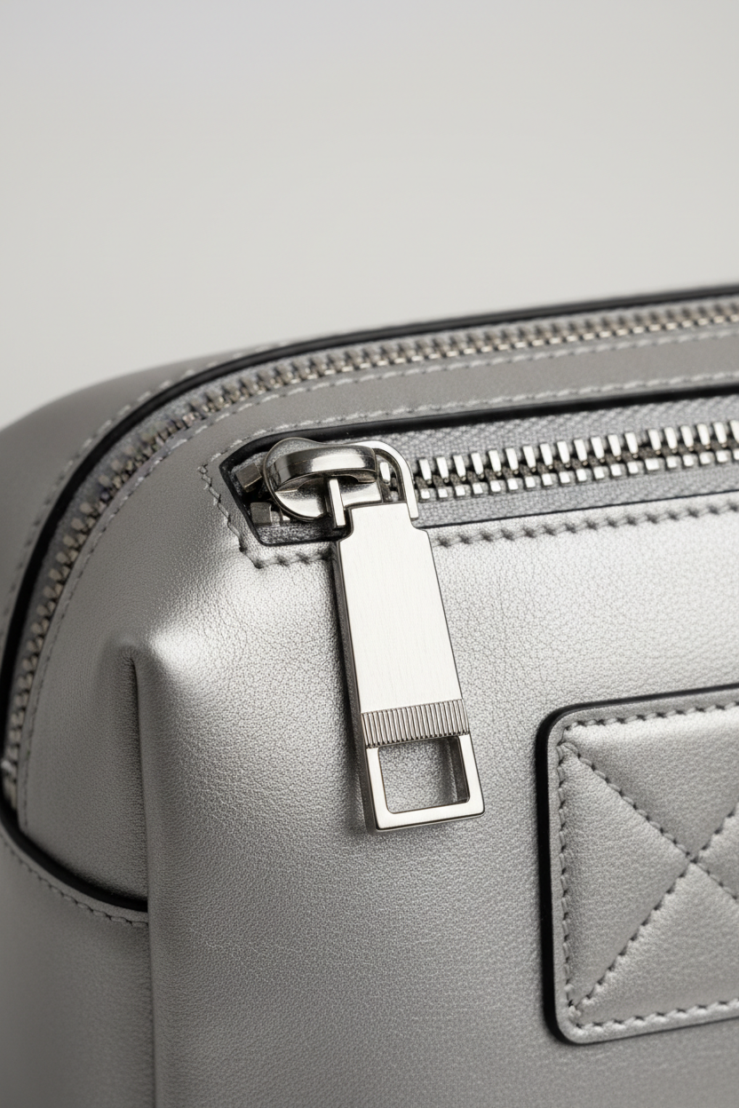 Executive Carry Weekender in Silver Structured Matte Leather – leather and zipper macro close-up