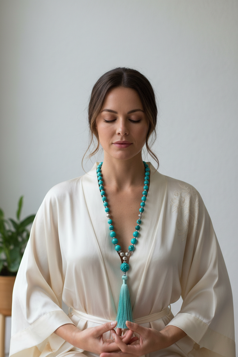 Woman wearing luxury turquoise mala necklace