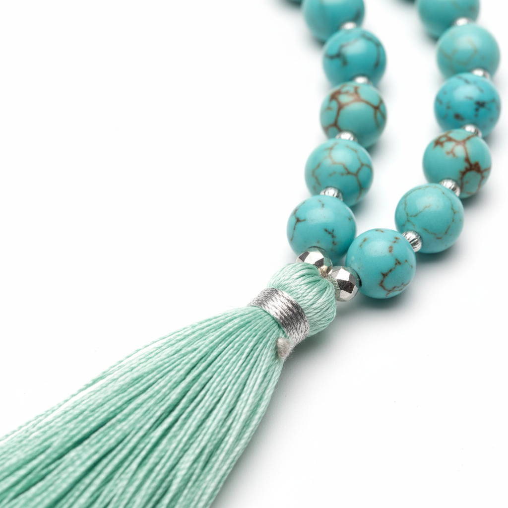 Macro close-up of aqua blue turquoise gemstone beads on mala necklace