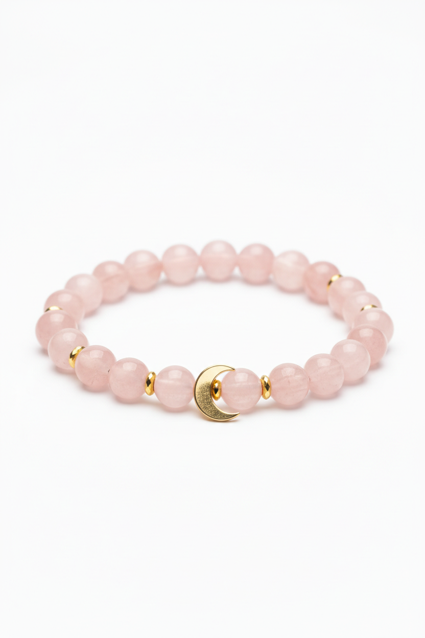 Luxury feminine spiritual bracelet with rose quartz beads and gold crescent moon charm, front view